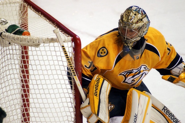 Former Nashville Predators goalie Pekka Rinne speaks during a